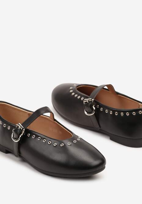 Czarne Balerinki w Stylu Mary Jane ze Zdobieniem z Nitami Fennriva