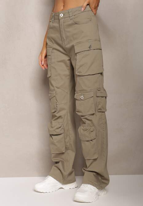 Ciemnozielone Bawełniane Spodnie Bojówki High Waist Arcara