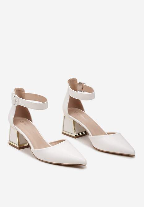 Białe Czółenka na Ozdobnym Słupku z Noskiem w Szpic i Paskiem Przy Kostce Venelia