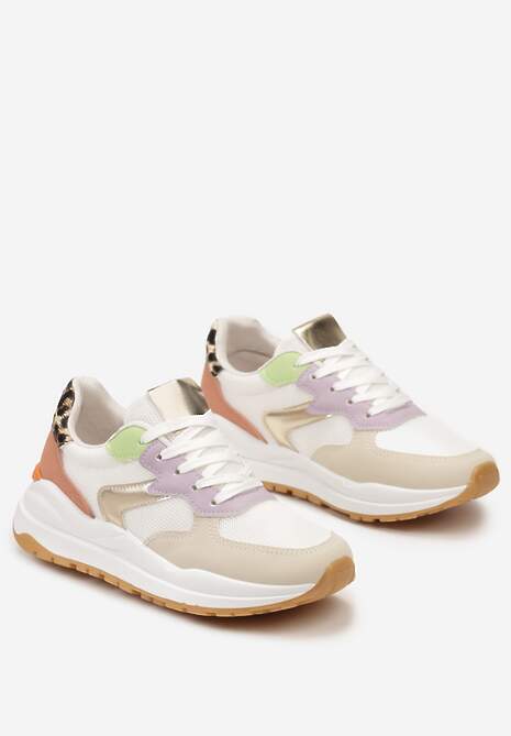 Beżowo-Fioletowe Sneakersy na Płaskiej Podeszwie ze Sznurowaniem i Materiałowymi Wstawkami Haretta