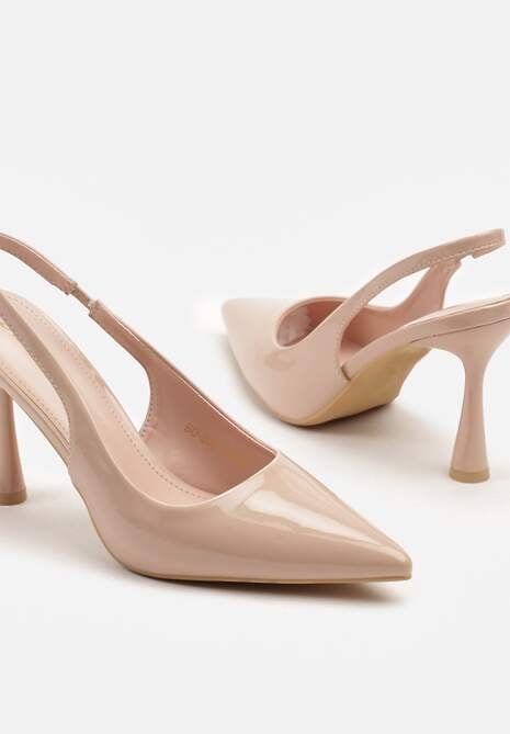 Beżowe Lakierowane Sandały Szpilki Typu Slingback Ulios