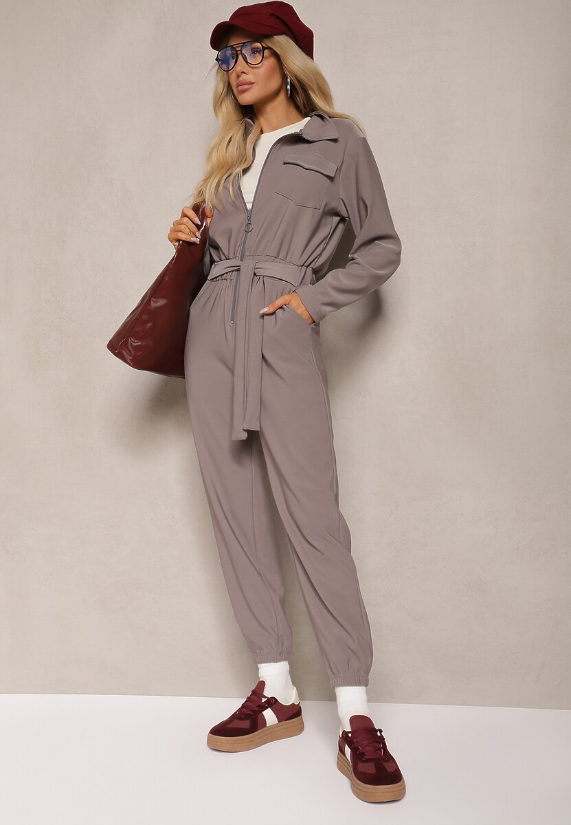 Szary Kombinezon z Gumką Dodatkowym Paskiem i Kieszeniami Lirelena
