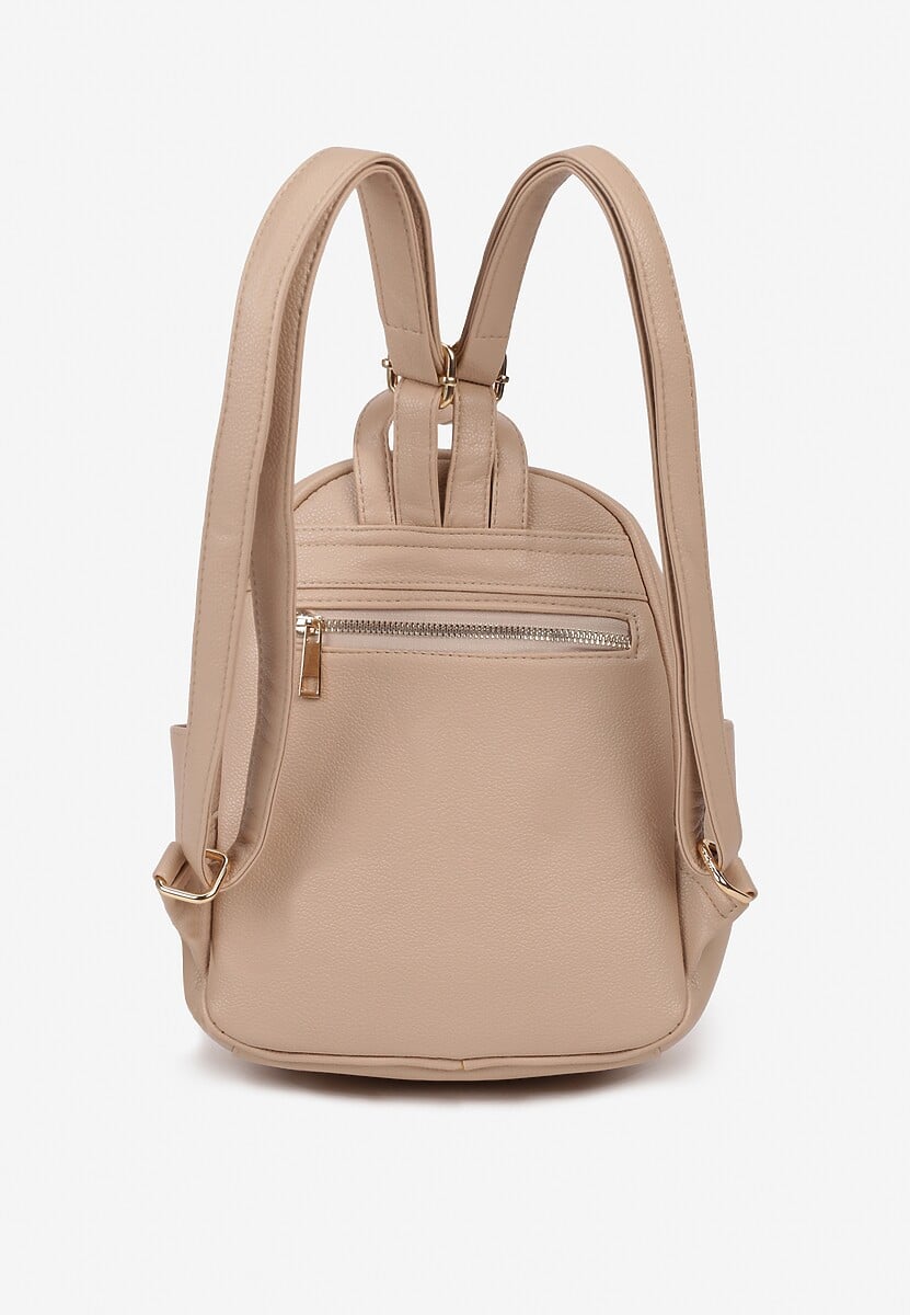 Beżowy Plecak  na Szelkach z Regulacjach Ozdobione Łańcuszkiem i Napisami Hettana