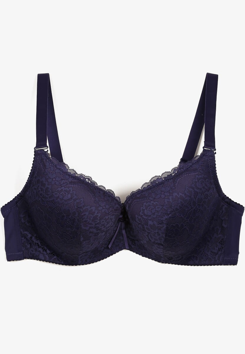 Granatowy Biustonosz z Wszytymi Gąbeczkami na Regulowanych Ramiączkach Ozdobiony Koronką Ellpina