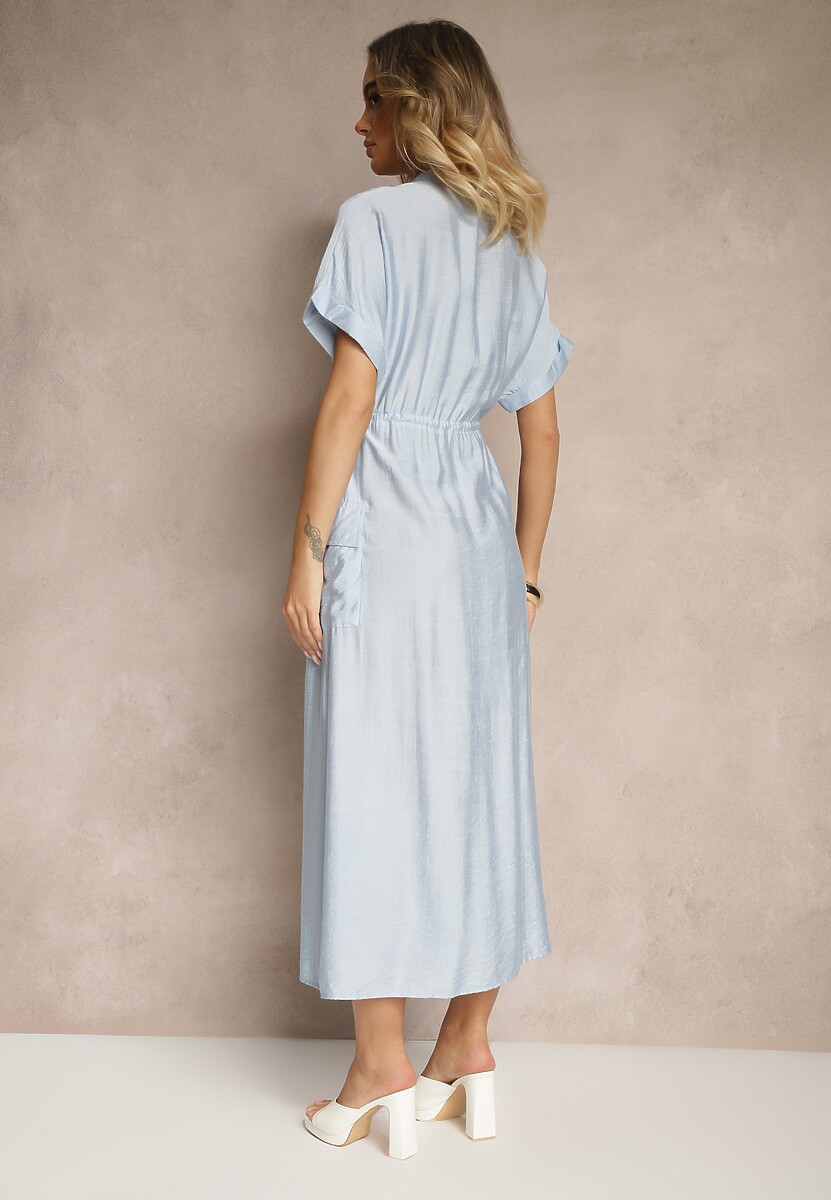 Niebieska Sukienka z Wiskozą o Koszulowym Kroju z Wiązaniem w Pasie Pollivia
