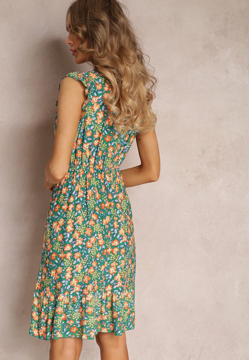 Zielona Sukienka Rozkloszowana w Kwiaty z Wiskozy Selesima