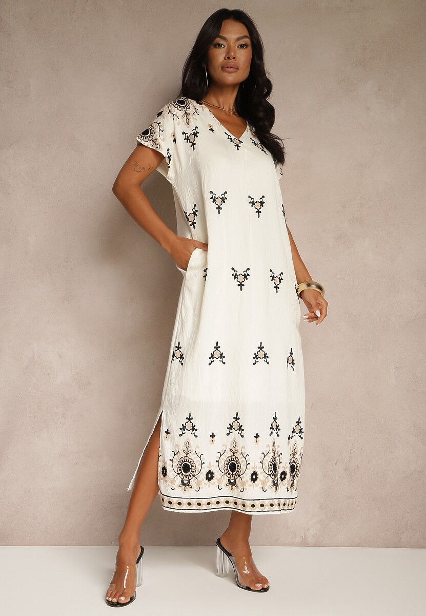 Biało-Czarna Sukienka z Wiskozy ze Wzorem w Stylu Etno Meluriela