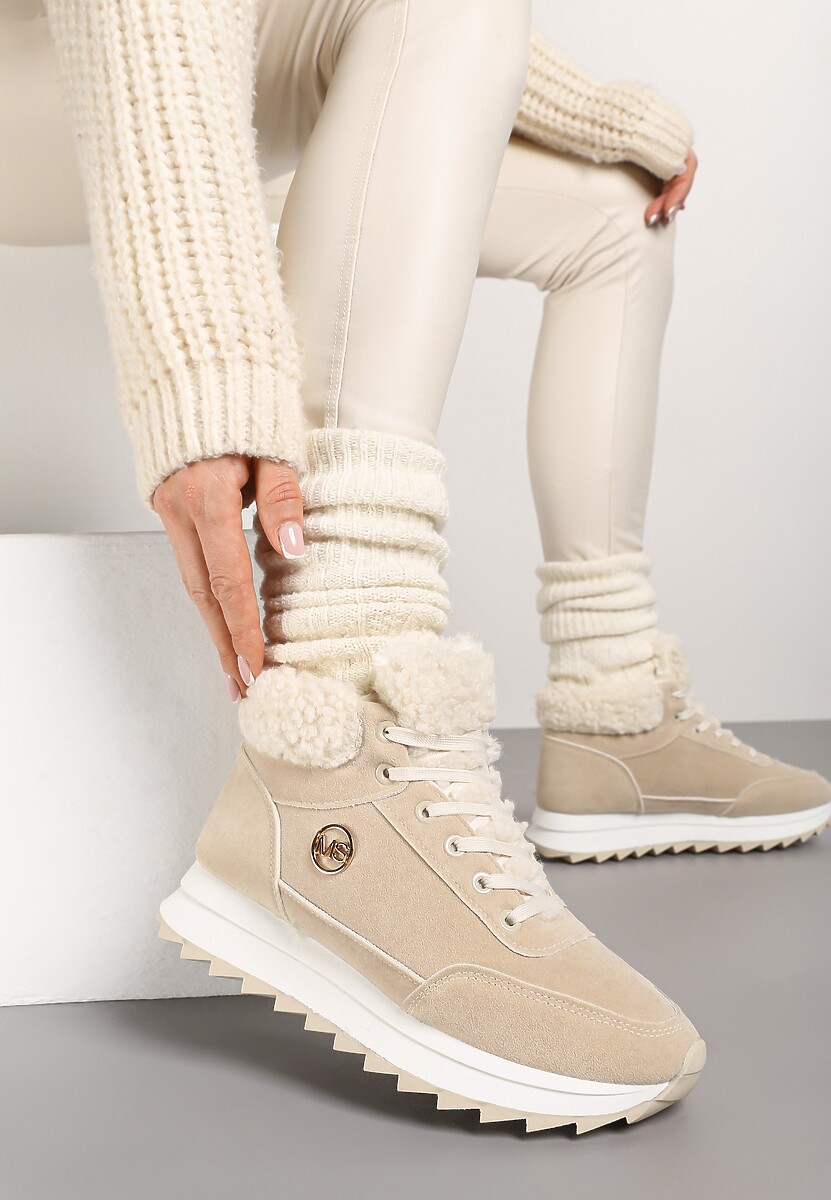 Beżowe Sneakersy z Ekozamszu z Futrzaną Wyściółką Etaylla