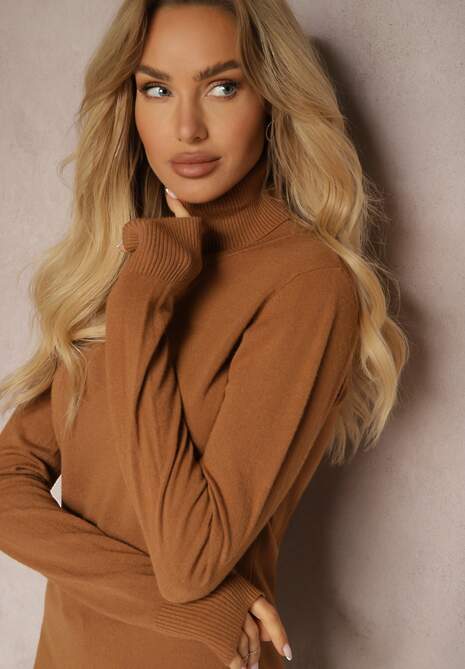 Jasnobrązowy Golf Sweterkowy z Domieszką Kaszmiru Zaivanna