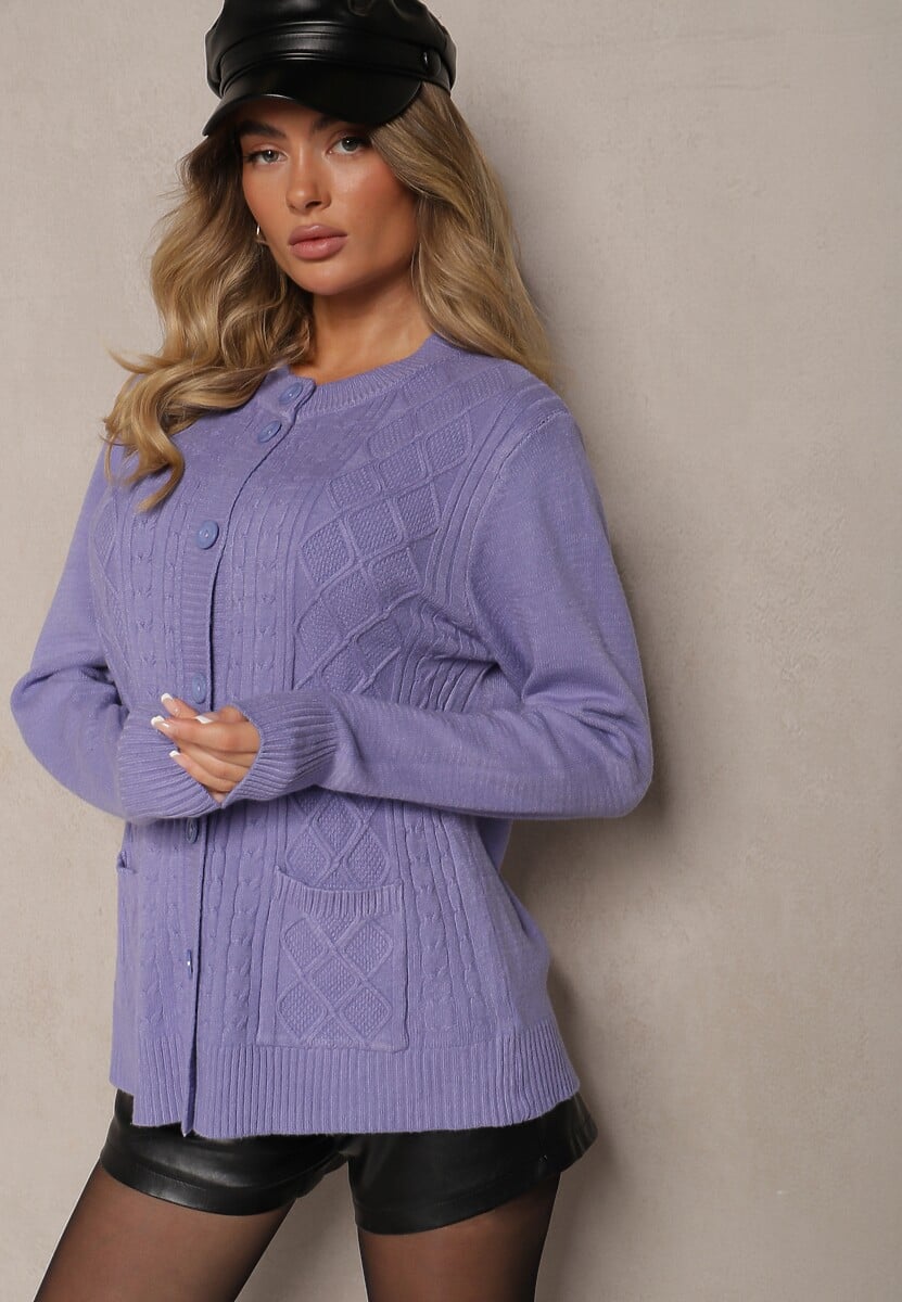 Bordowy Casualowy Kardigan z Bawełną z Kieszonkami Ozdobiony Tłoczeniem Mevanille