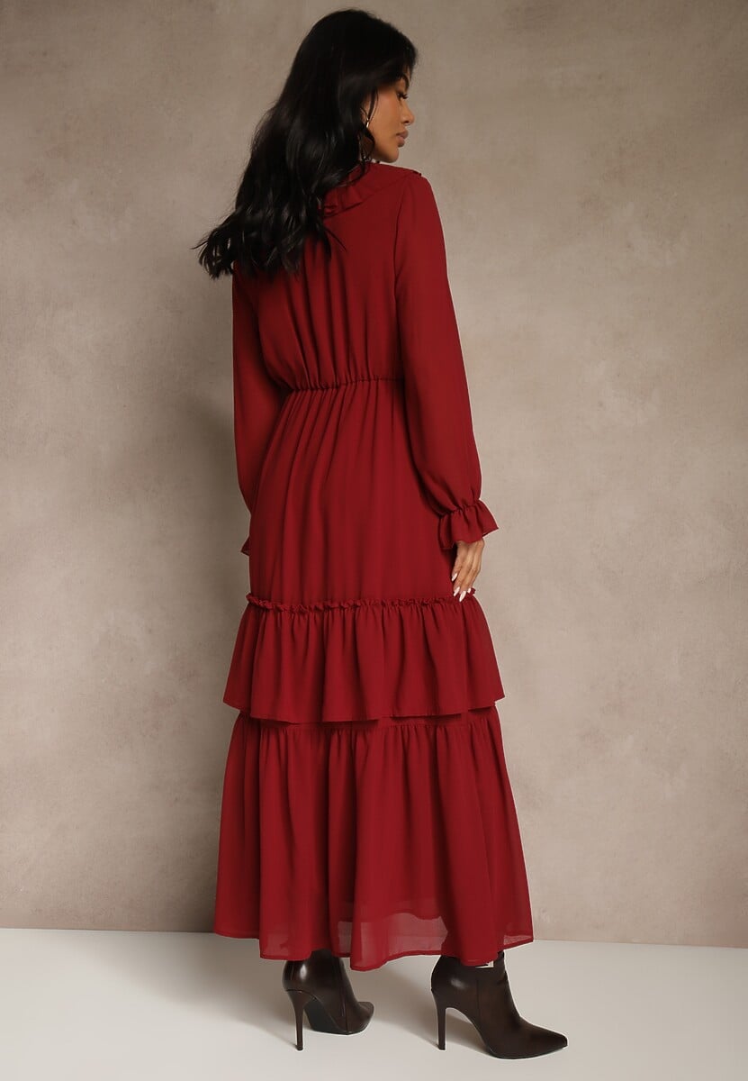 Bordowa Rozkloszowana Sukienka VICES z Falbanami i Transparentnymi Rękawami Aruvite