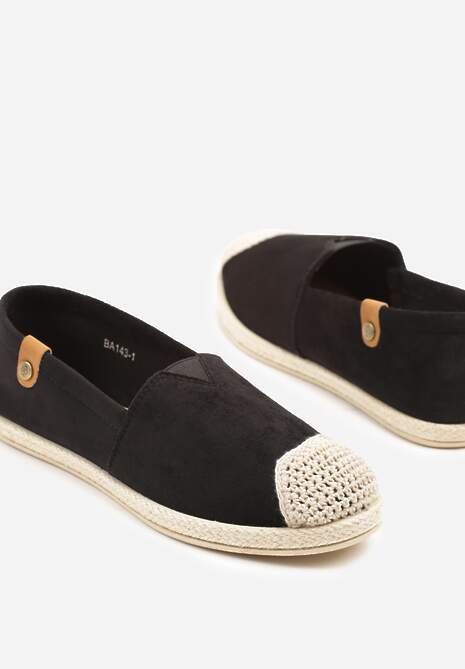 Czarne Espadryle z Elastyczną Wstawką Zdobione Plecionką Kinellis