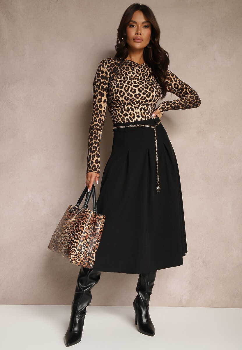 Czarna Spódnica z Wiskozą o Rozkloszowanym Kroju z Paskiem Łańcuszkiem Lilethra