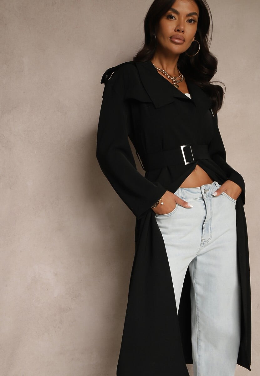 Czarny Płaszcz Jednorzędowy Trencz z Paskiem w Talii Mavinisse