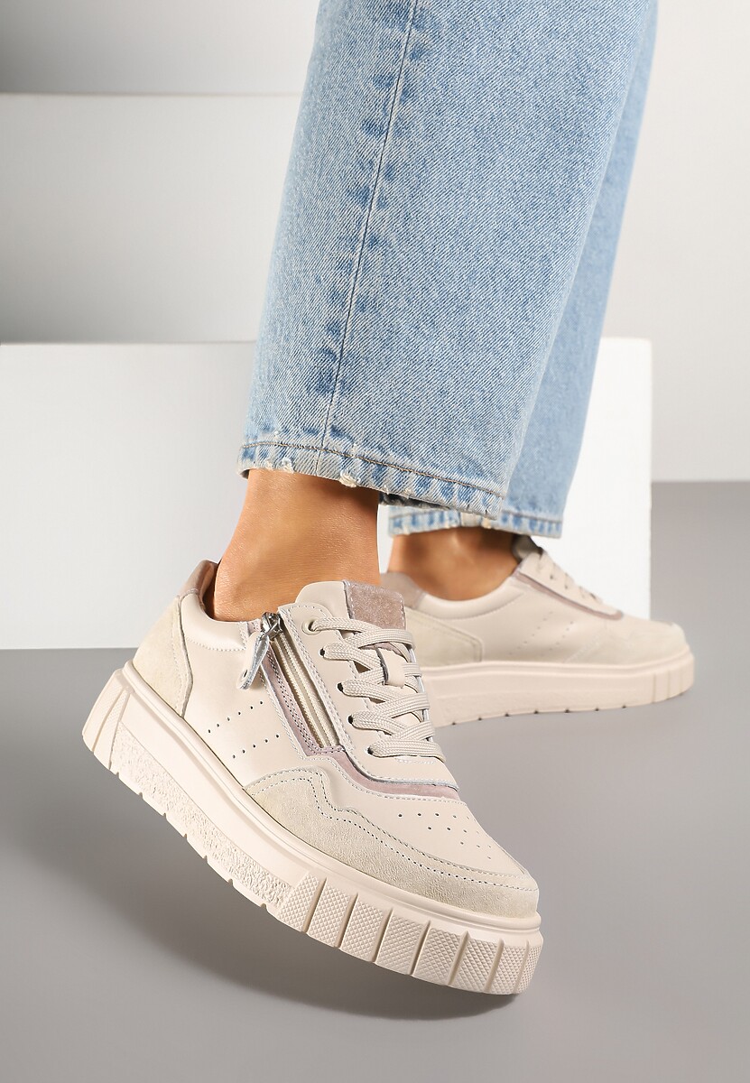 Beżowe Sneakersy z Naturalnej Skóry na Grubej Podeszwie z Suwakiem Soravelle