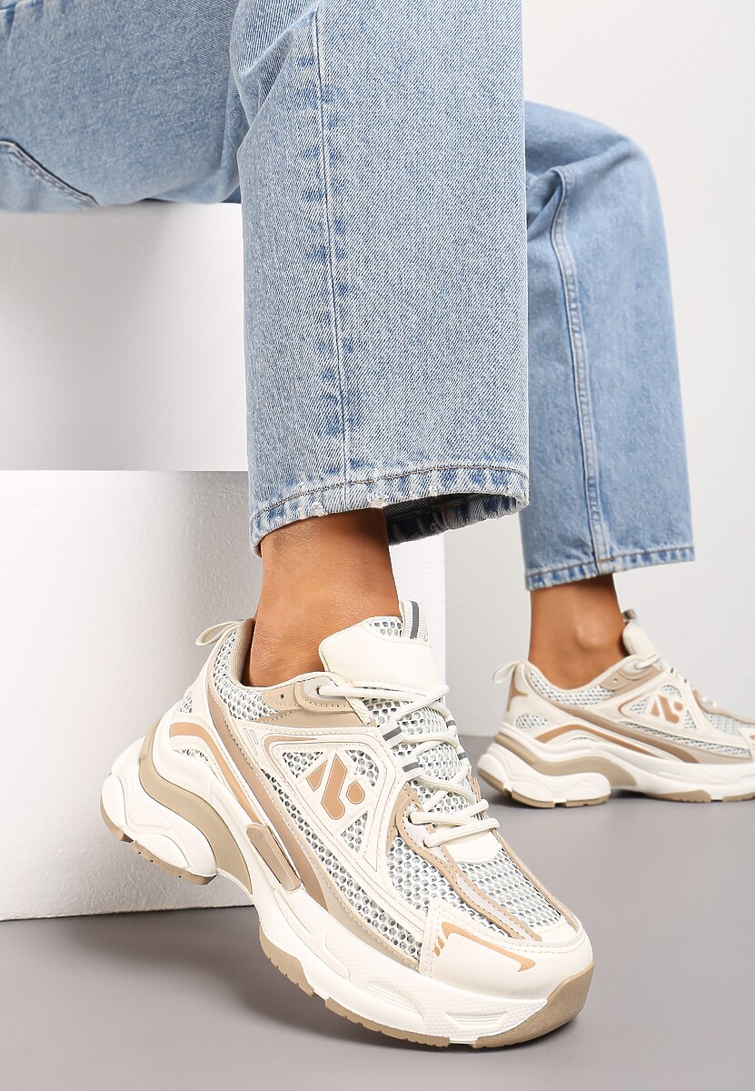 Beżowe Sneakersy na Grubej Podeszwie Ozdobione Siateczkowymi Wstawkami Korianna