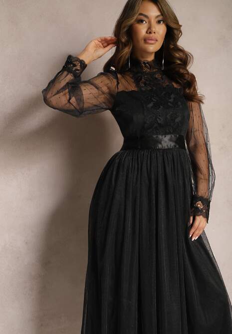 Czarna Siateczkowa Sukienka Maxi o Rozkloszowanym Kroju z Ozdobną Koronką Narile