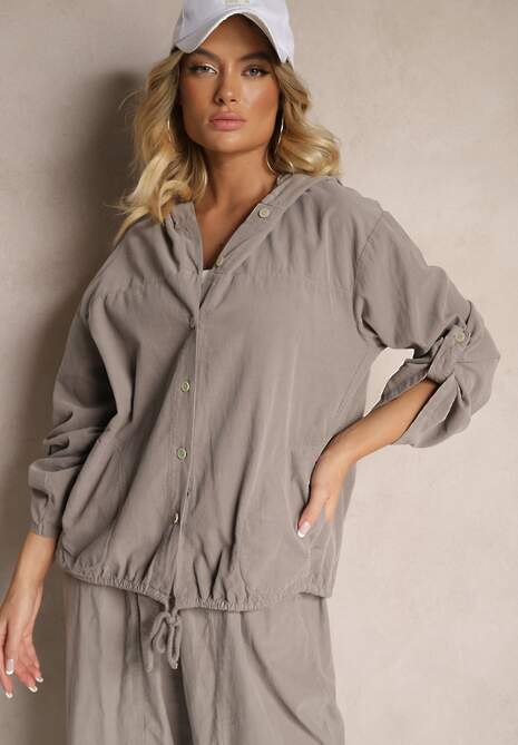 Szara Koszula z Bawełny o Luźnym Kroju z Kapturem i Ściągaczem Felanira