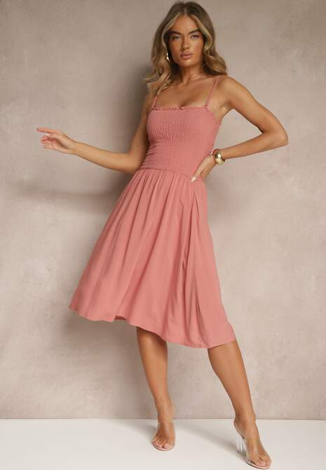 Różowa Rozkloszowana Sukienka z Wiskozy na Ramiączkach Filorissa