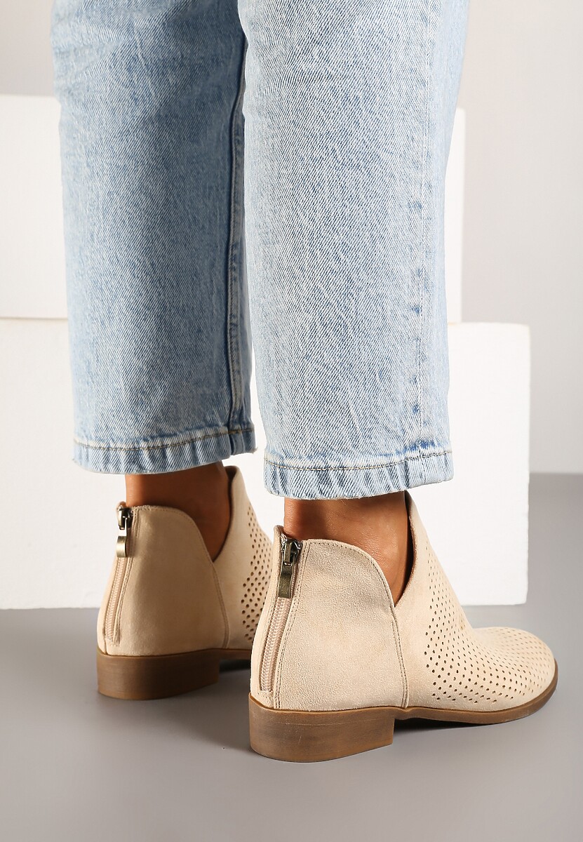 Beżowe Botki Vices na Płaskiej Podeszwie Ozdobione Wycięciem Felirwen