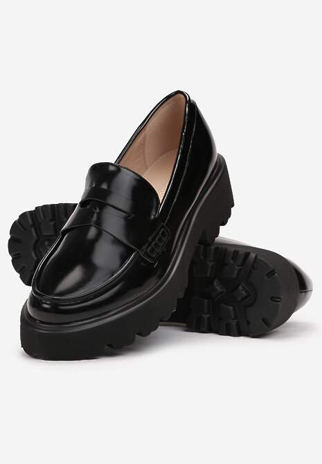 Czarne Mokasyny z Imitacji Skóry na Grubej Podeszwie Inran