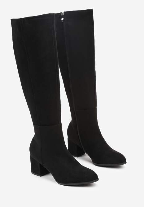 Czarne Kozaki Vices z Imitacji Zamszu na Niskim Obcasie Typu Słupek Ilovea