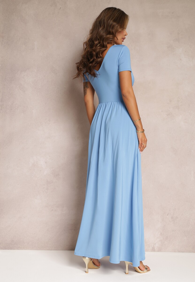 Jasnoniebieska Sukienka Maxi z Rozkloszowanym Dołem i Rozcięciem Zarya