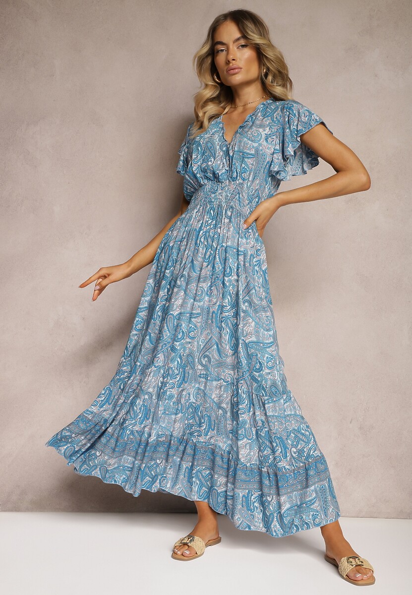 Niebieska Bawełniana Sukienka Paisley z Kopertowym Dekoltem z Falbaną i Gumką w Talii Brionea