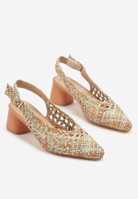 Pomarańczowe Sandały na Słupku Slingback Ozdobione Plecioną Cholewką Linaiana