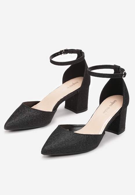 Czarne Brokatowe Czółenka na Niskim Słupku ze Szpiczastym Noskiem Halena