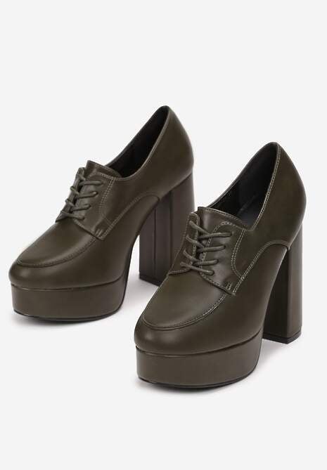 Zielone Półbuty na Słupkowym Obcasie z Wiązaniem i Okrągłym Noskiem Adocia