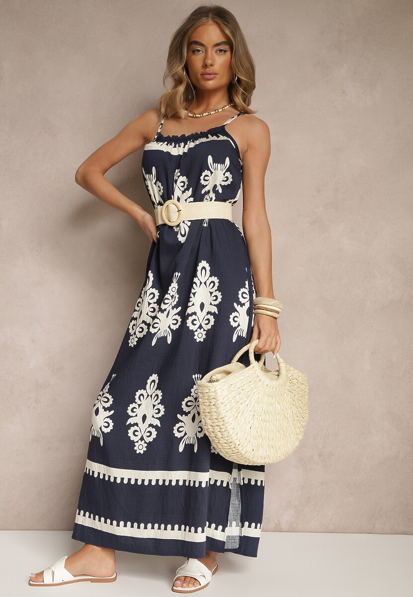 Granatowa Rozkloszowana Sukienka na Ramiączkach w Ornamentalny Print Reveleine