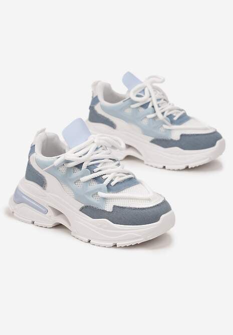 Biało-Niebieskie Sneakersy Ozdobnie Sznurowane z Wycięciami na Grubej Podeszwie Selvia