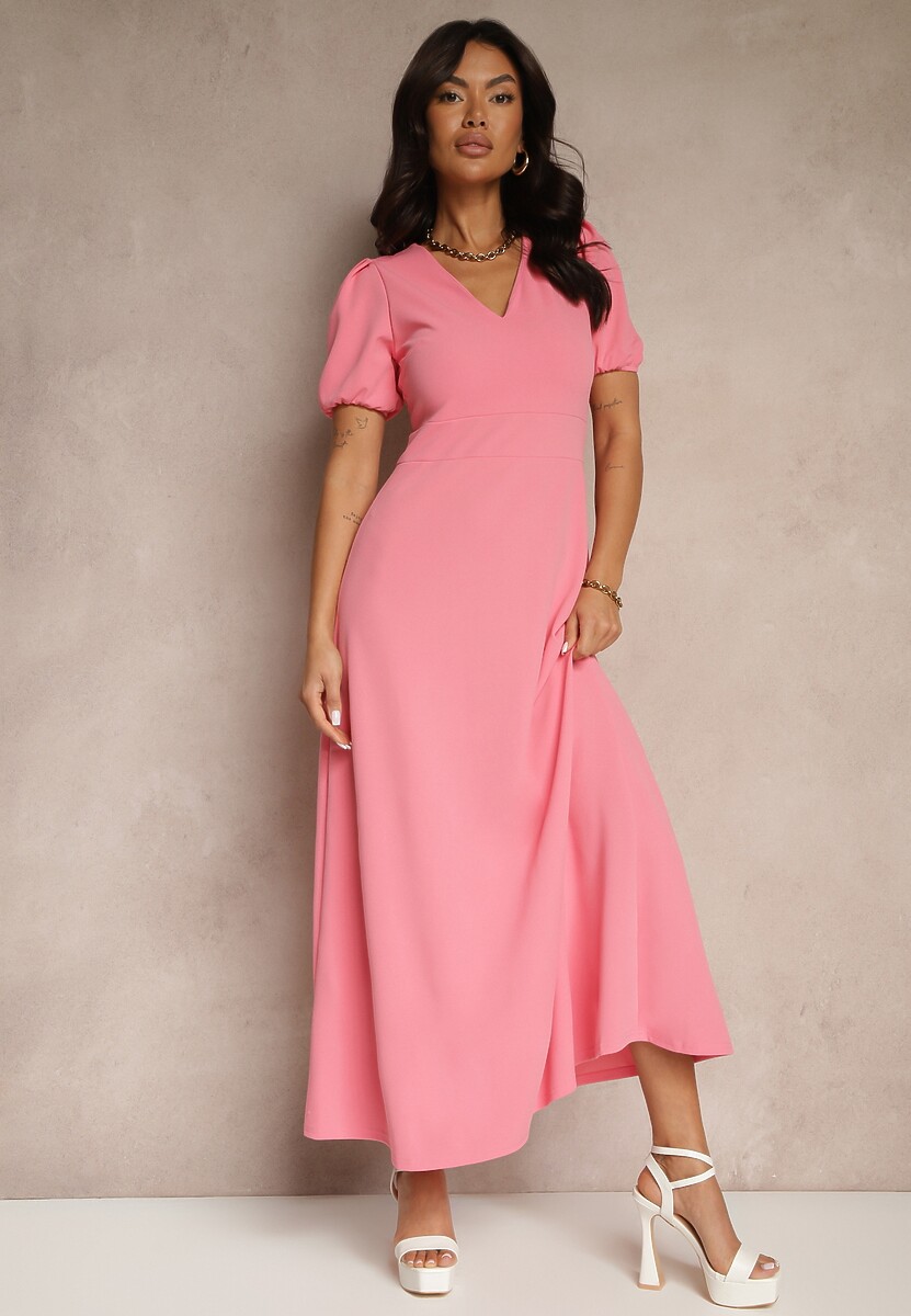 Niebieska Rozkloszowana Sukienka z Lekko Bufiastymi Rękawami i Dekoltem V Efrusae