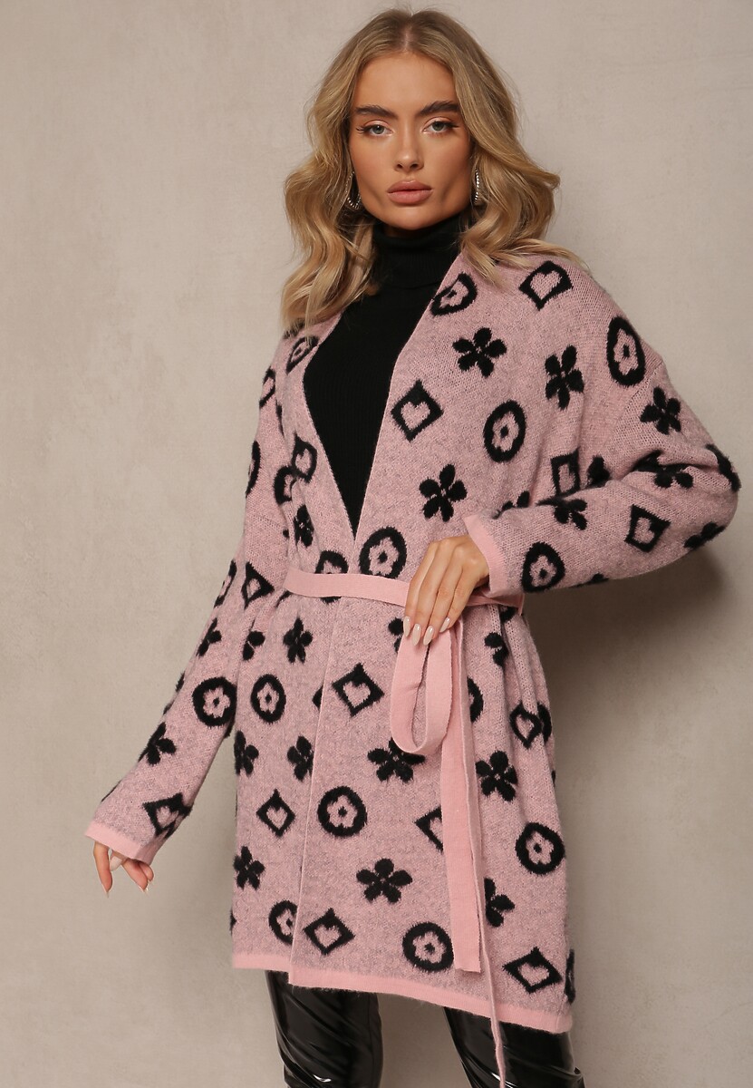 Różowy Kardigan z Wiązanym Paskiem Ozdobiony Wzorem w Kwiaty Timonen