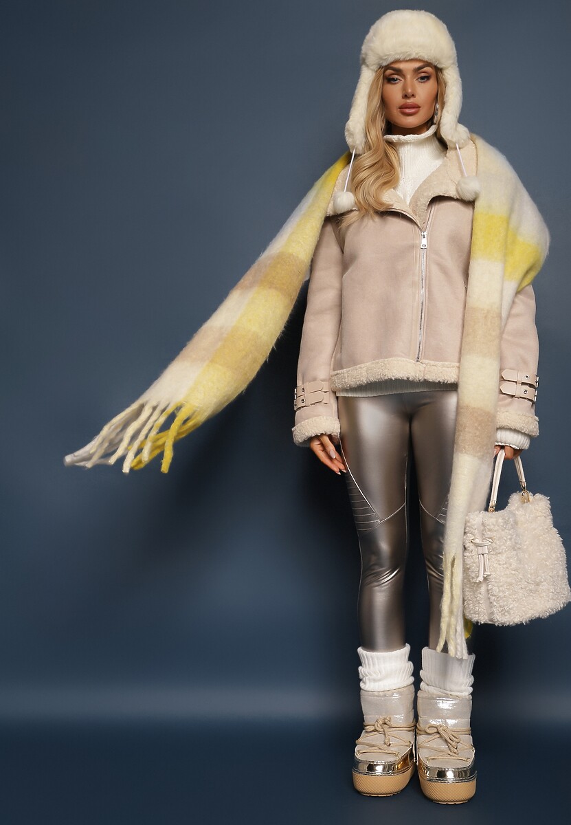 Beżowa Kurtka Biker z Futerkiem Asymetrycznym Suwakiem i Paseczkami Sanet