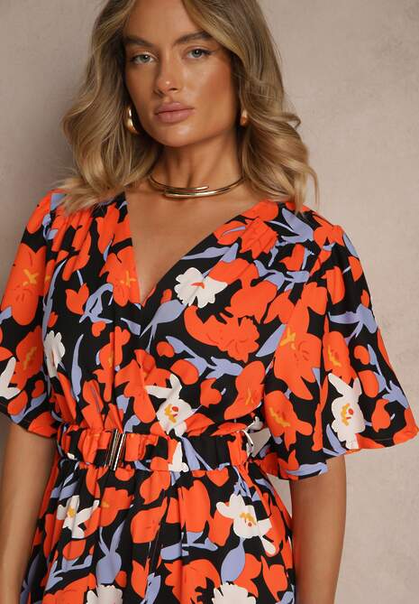 Pomarańczowa Kwiatowa Sukienka z Bawełną Ozdobiona Bufiastymi Rękawami Lunelira