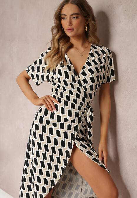 Beżowa Kopertowa Sukienka Wiązana w Pasie w Geometryczny Wzór  Aphrosia