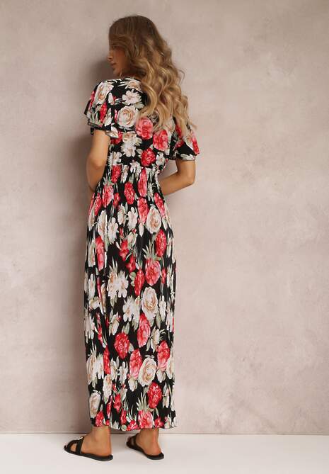 Czarno-Czerwona Kopertowa Sukienka Maxi w Kwiaty z Gumką w Talii Jazzly