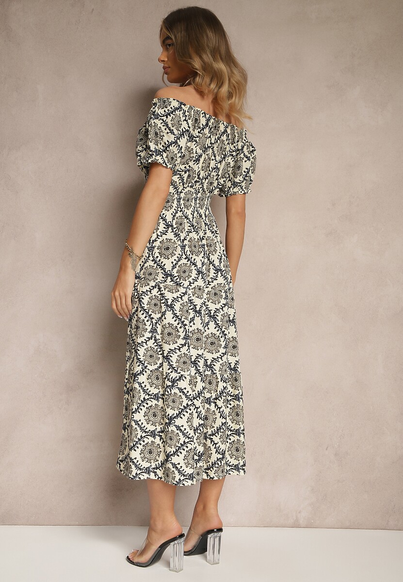 Beżowa Sukienka z Bawełną Ozdobiona Bufiastymi Rękawami Revalle