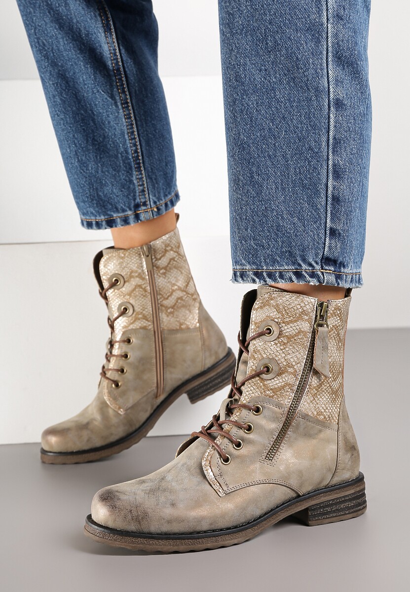 Ciemnobeżowe Botki w Stylu Workerów z Ozdobnym Suwakiem i Wężową Wstawką Vemalora