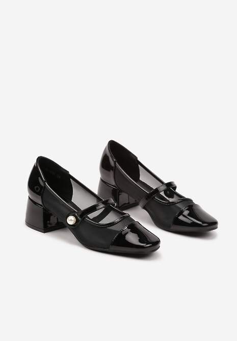 Czarne Czółenka Lakierowane na Słupku z Przezroczystą Wstawką i Perełką Sinnalia