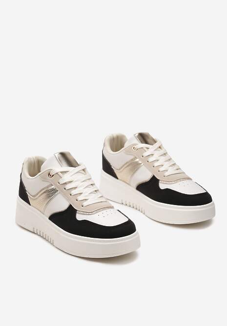 Beżowo-Czarne Sneakersy na Platformie z Brokatowymi Akcentami Sellona