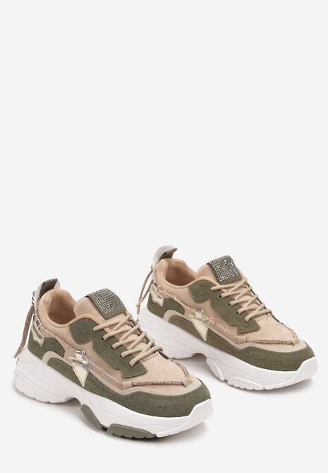 Beżowo-Zielone Sneakersy z Cyrkoniami na Grubej Podeszwie Leinov