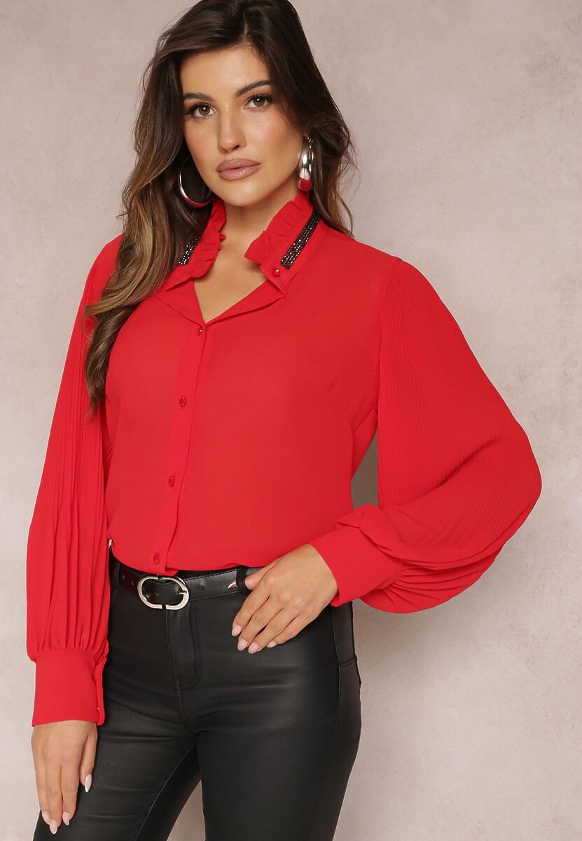 Czarna Koszula ze Stójką w Cyrkonie i Bufiastym Rękawem Kutto