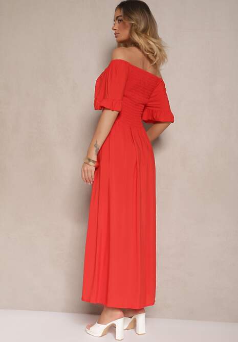 Czerwona Rozkloszowana Sukienka Hiszpanka z Bawełny z Elastyczną Górą Maissa