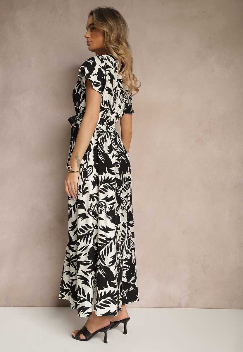 Czarna Wiskozowa Sukienka Kopertowa o Rozkloszowanym Kroju z Paskiem Rerriana