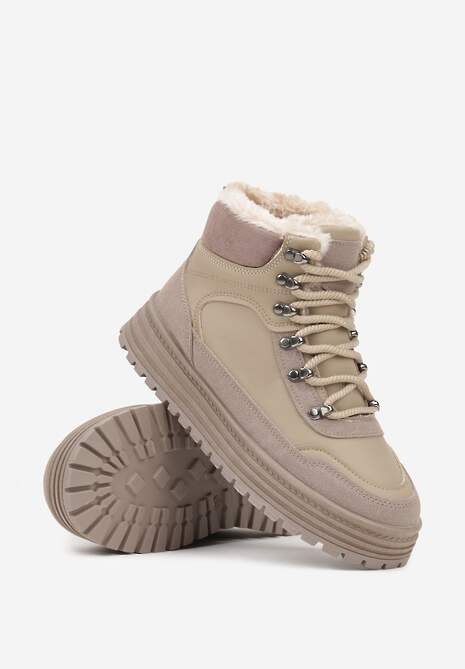 Ciemnobeżowe Sneakersy w Stylu Traperów na Platformie Ewedora