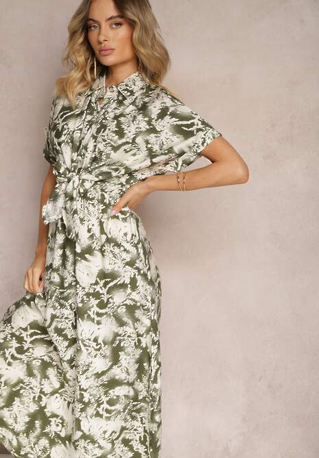 Zielono-Biała Sukienka Taliowana z Gumką w Talii Nasilena