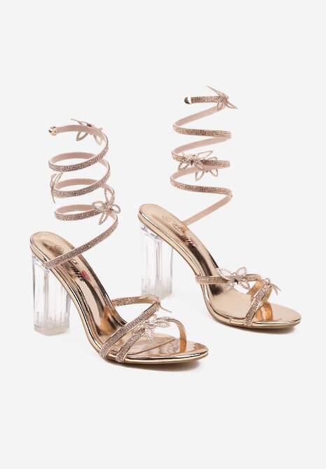 Szampańskie Sandały na Transparentnym Słupku z Ozdobami 3D i Cyrkoniami Tatirina